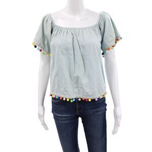 Hot & Delicious Women Cropped Blue Square Neck Blouse Short Sleeve Size S